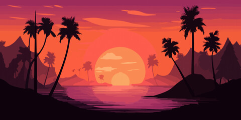 Obraz na płótnie Canvas Flat illustration of palm silhouettes at beach sunset