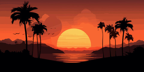 Flat illustration of palm silhouettes at beach sunset