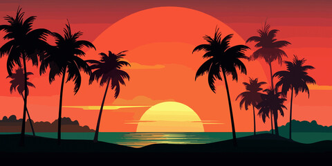 Fototapeta na wymiar Flat illustration of palm silhouettes at beach sunset