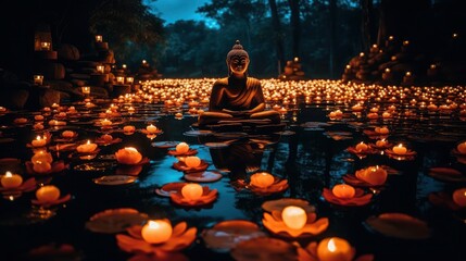 Buddha statue surrounded by lanterns, Generative AI