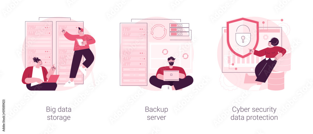 Poster data backup software abstract concept vector illustration set. big data storage, backup server, cybe
