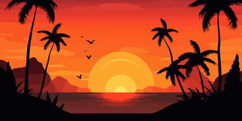 Obraz na płótnie Canvas Palm silhouettes against beach sunset in flat illustration