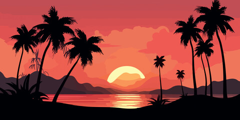 Obraz na płótnie Canvas Sunset beach landscape in hand drawn flat style