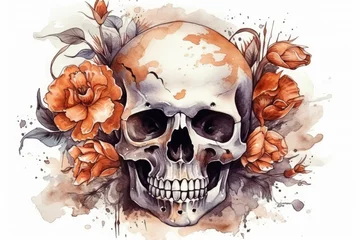 Foto op Plexiglas Aquarel doodshoofd colorful watercolor painting featuring a skull surrounded by vibrant flowers. Generative AI
