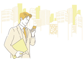 オフィス街でスマホを操作するビジネスマン-モノクロ