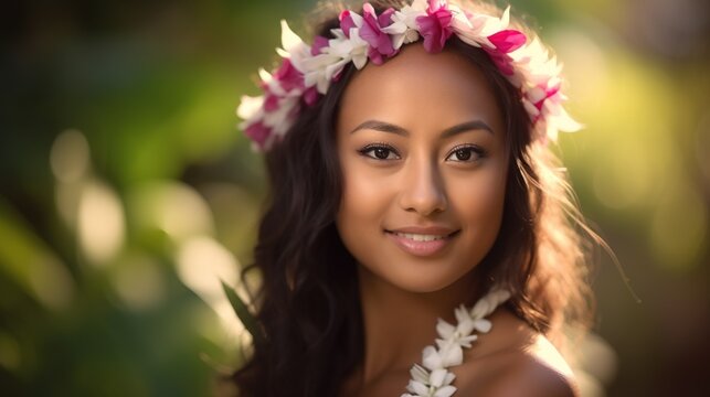 Fictional person, closeup illustration of wedding photo of Hawaiian or Polynesian bride woman with blurry bokeh background. Bridal portrait. Created using generative AI.