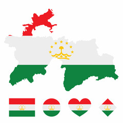 Vector of Tajikistan map flag with flag set isolated on white background. Collection of  flag icons with square, circle, love, heart, and rectangle shapes.