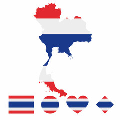 Vector of Thailand map flag with flag set isolated on white background. Collection of  flag icons with square, circle, love, heart, and rectangle shapes.