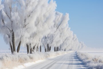 snowy road surrounded by trees. Generative AI