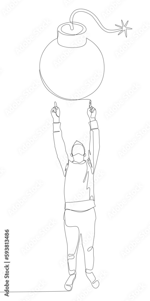 Aufkleber one continuous line of man pointing with finger at bomb. thin line illustration vector concept. cont