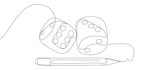 One continuous line of dice drawn by with felt tip pen. Thin Line Illustration vector concept. Contour Drawing Creative ideas.