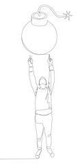 One continuous line of Man pointing with finger at Bomb. Thin Line Illustration vector concept. Contour Drawing Creative ideas.