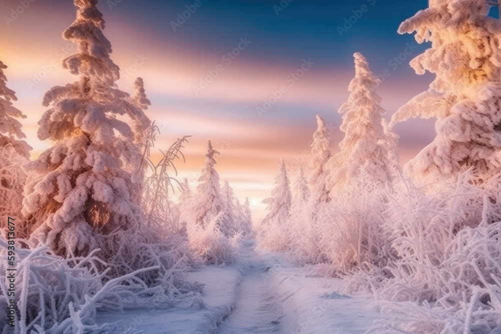 Sticker scenic winter forest trail at sunset. generative ai