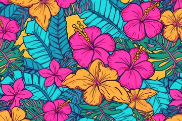 pink and yellow flowers on a blue background. Generative AI