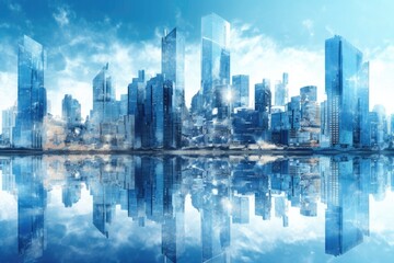 Fototapeta premium city skyline reflected in the water at sunset. Generative AI