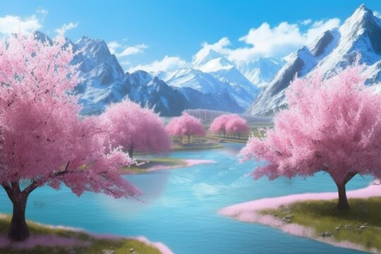 serene river landscape with pink blooming trees. Generative AI