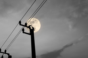 Silhouette of a power pole with a crow perched in a full moon atmosphere.