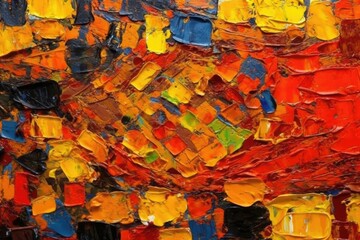 an abstract painting featuring warm colors of orange, yellow, and red. Generative AI