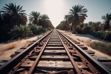 Fototapeta na wymiar train tracks with palm trees in the background. Generative AI