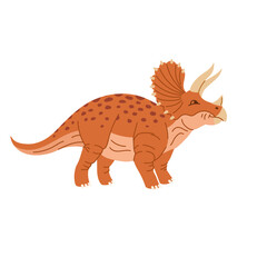 Dinosaur cartoon prehistoric horned animal isolated dino with three horns. Vector cartoon kind triceratops, horned dino of jurassic period. Horridus dino