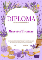 Cosmetologist diploma, lavender cosmetics. Vector certificate for beauty care classes graduation. Frame template for women beautician or therapy salon with cosmetic, flowers, dry herbs and bouquets