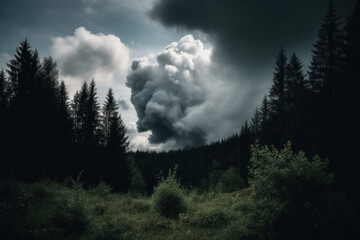 A large cloud rolls overhead in an evergreen forest