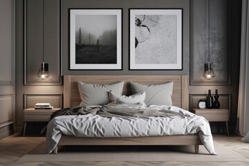 Inviting bedroom interior with two vertical frames on the wall, adding a touch of style to the space. AI Generative.