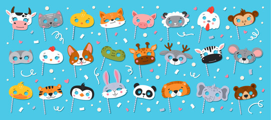 Cartoon carnival party animal masks. Vector cow, cat, chick and pig, sheep, rooster or monkey. Dog, frog, giraffe and deer, zebra, mouse or duck. Tiger, penguin, rabbit and lion with elephant or bear © Buch&Bee