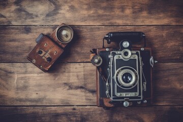 an antique camera resting on a rustic wooden surface. Generative AI
