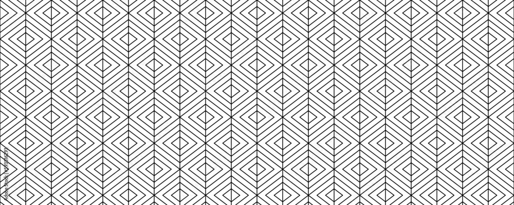 Poster Geometric linear seamless pattern. Black and white repeating texture. Lattice lines with rhombus. Abstract background. Vector wallpaper