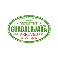 Arrived Guadalajara international passport travel visa stamp, airport stamp, border control label. Vector travel by plane arrived sign, Mexico country