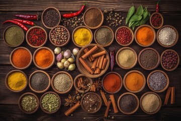 wooden table with an assortment of aromatic spices in rustic wooden bowls. Generative AI