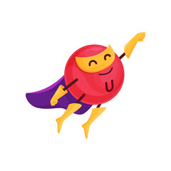 Cartoon vitamin U superhero character. Vector methylmethioninesulfonium capsule super hero comics book personage. Nutrient bubble flying in cape and mask. Isolated funny healthy food supplement ball