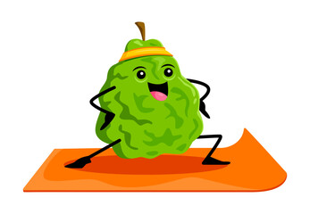 Cartoon bergamot fruit character on yoga fitness sport. Isolated vector happy tropical fruit personage stand in asana squatting pose on mat. Yogi fruit in headband, natural healthy food exercising