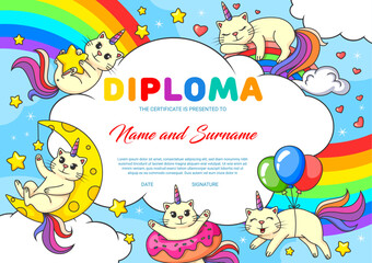 Cartoon cute cheerful caticorn cats and kitty characters on rainbow. Kids education vector diploma with funny fairy caticorn cat parsonage sleeping on rainbow, playing with star and flying on balloon