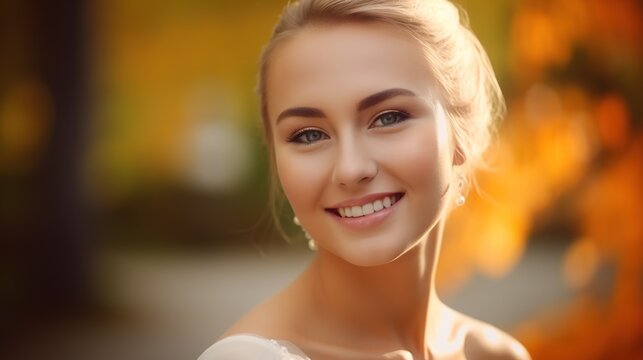 Fictional person, closeup illustration of wedding photo of Norwegian, Nordic, or Scandinavian bride woman with blurry bokeh background. Bridal portrait. Created using generative AI.
