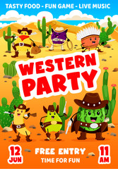 Kids western party flyer, cartoon cowboy, sheriff and robber fruits characters. Vector invitation poster with funny quince, plum, orange and banana, pear or watermelon Wild west personages in desert