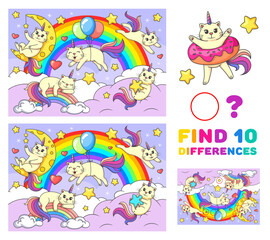 Find ten differences game. Cartoon funny caticorn cats on rainbow. Kids vector educational or recreational puzzle with cute kawaii unicorn kittens fantasy characters. Children riddle, leisure activity