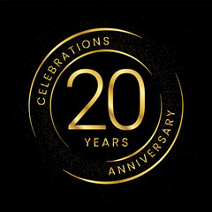 20th anniversary, golden anniversary with a circle, line, and glitter on a black background.