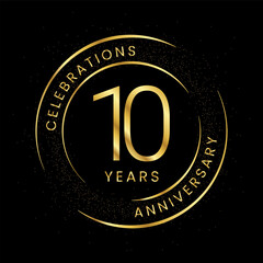 10th anniversary, golden anniversary with a circle, line, and glitter on a black background.