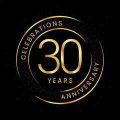 30th anniversary, golden anniversary with a circle, line, and glitter on a black background.