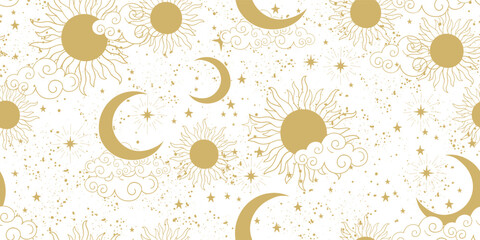Seamless celestial golden pattern on a white background, golden sun and moon with stars. Astrology ornament for tarot, mystical boho drawing for zodiac. Witch vector illustration.