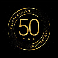 50th anniversary, golden anniversary with a circle, line, and glitter on a black background.