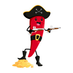 Cartoon red hot chili pepper pirate and corsair character with treasure pile and muskets. Vector captain personage with happy face. Picaroon wear tricorn defend loot. Isolated funny jalapeno buccaneer