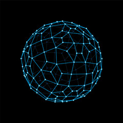 Wireframe sphere and 3d futuristic polygon ball shape. Virtual dimensional grid structure, futuristic wireframe vector hologram or 3d model. Digital technology mesh ball, data visualization 3d sphere