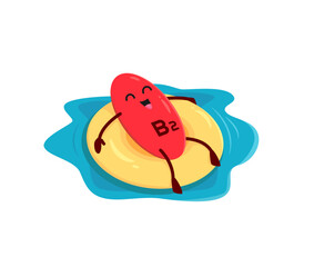 Cartoon vitamin B2 character on float ring. Vitamin capsule, food supplement or healthy nutrition mineral dragee happy vector mascot. Micronutrient pill personage with swimming on inflatable ring