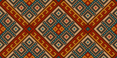 Aztec peruvian mexican knit pattern, ethnic ornament. Vibrant and intricate vector seamless background inspired by the cultural traditions of Peru and Mexico communities features bold geometric shapes - obrazy, fototapety, plakaty