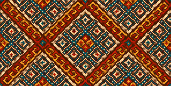Aztec peruvian mexican knit pattern, ethnic ornament. Vibrant and intricate vector seamless background inspired by the cultural traditions of Peru and Mexico communities features bold geometric shapes