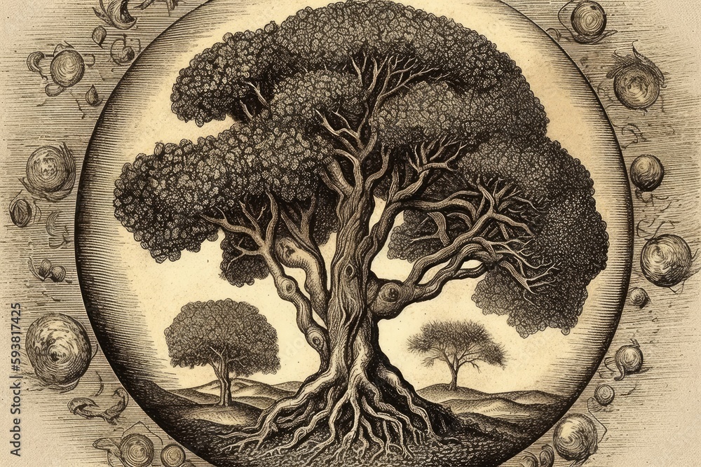 Poster tree enclosed in a circular frame. generative ai