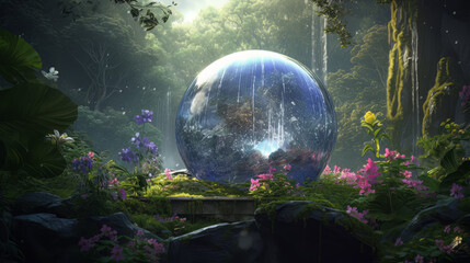 A lush rainforest with a crystal-clear waterfall cascading down, surrounded by exotic flowers and butterflies, a glass globe in the foreground representing the importance of preserving our natural res